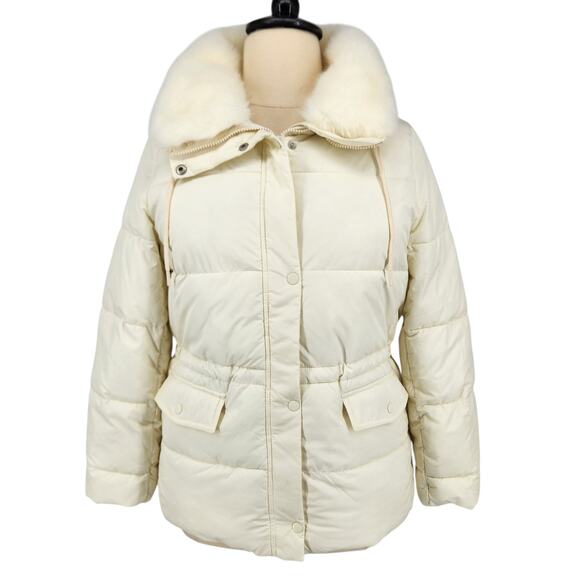Talbots Puffer Jacket Removable Faux Fur Collar Quilted Zip Cream Size Large 12 - Picture 1 of 11